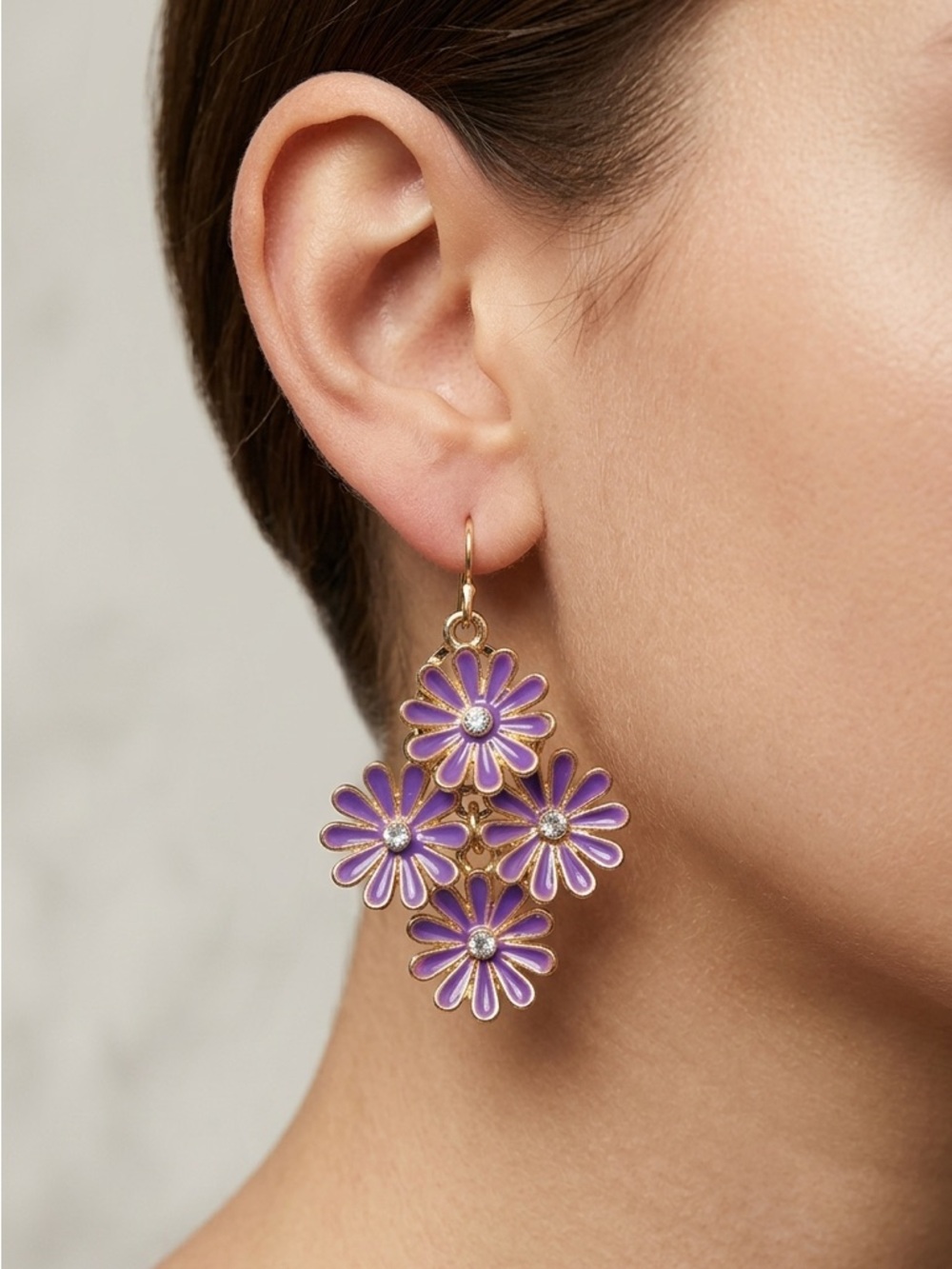 Purple Daisy Cluster Earrings | Enamel Flower Crystal Gold Tone